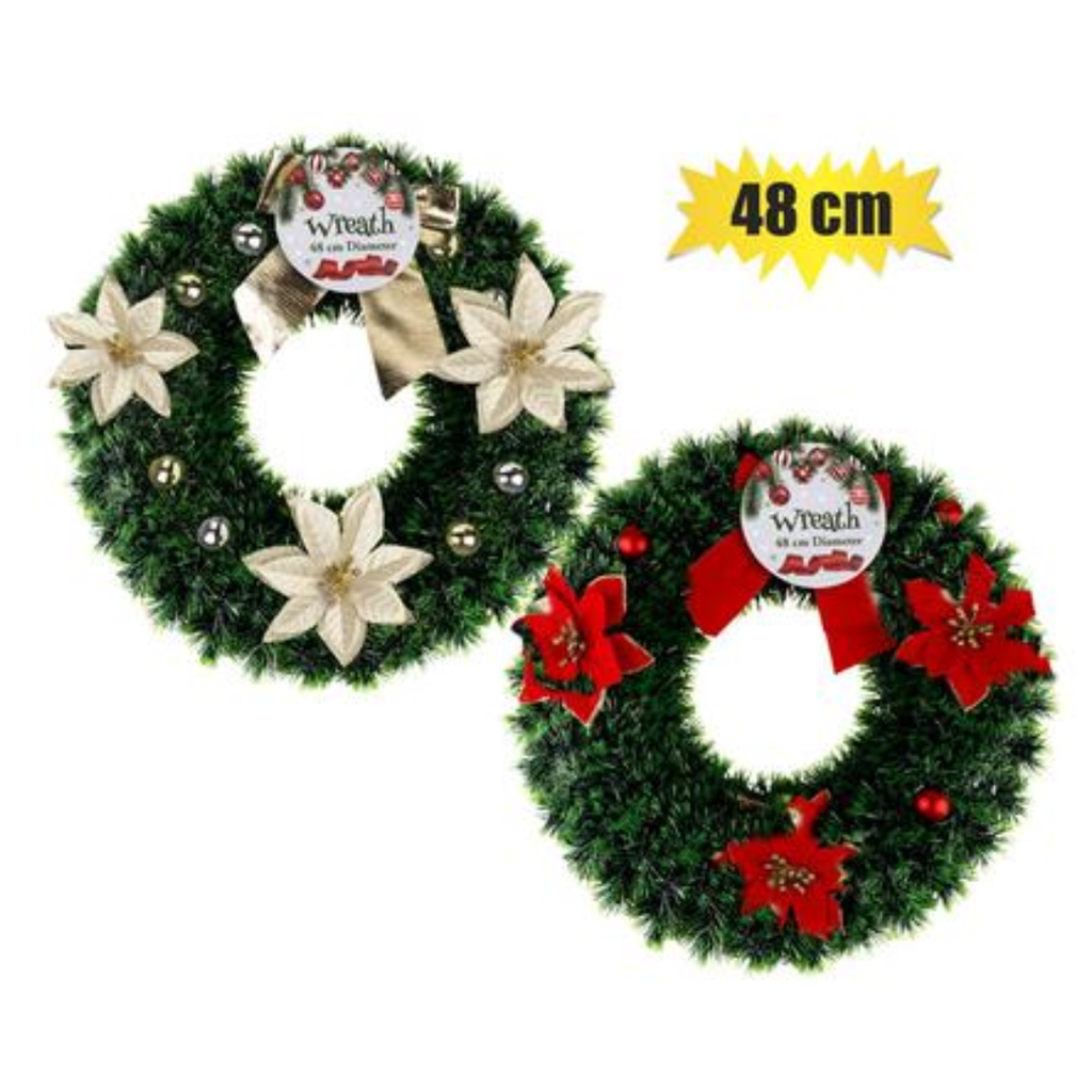XMAS WREATH TINSEL 48cm ASSTD