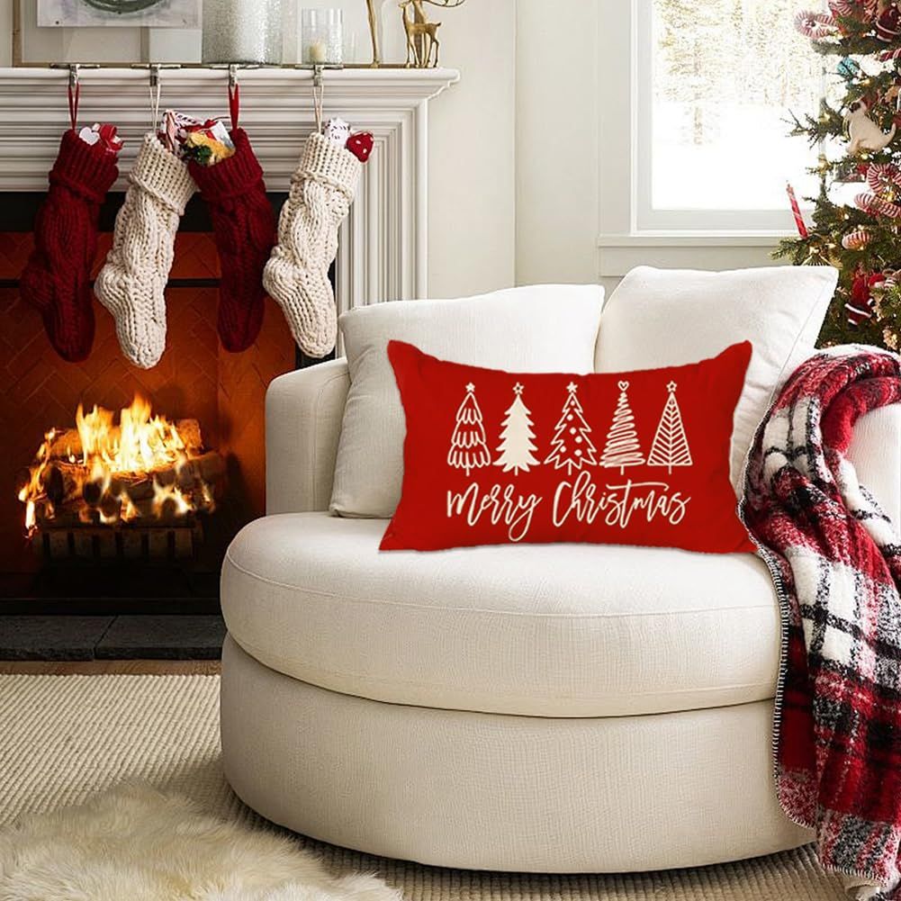 Merry Christmas Pillow Cover - Red Trees