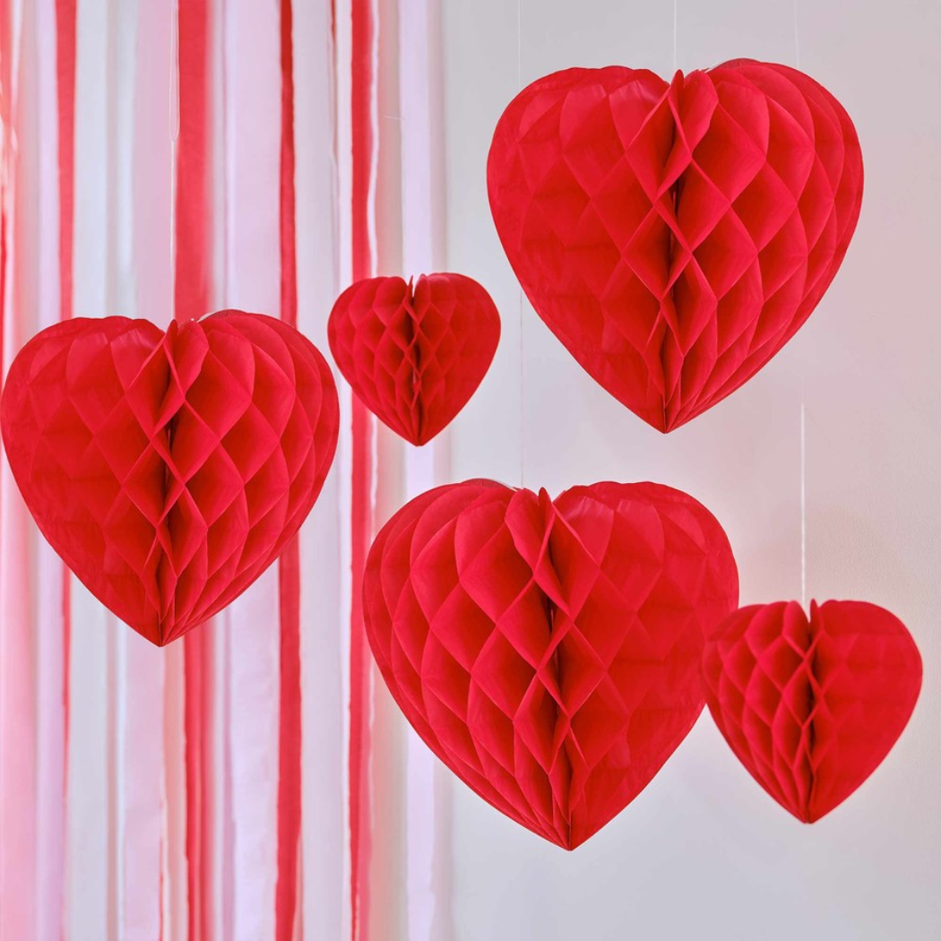 6-Pack 6-Inch Red Heart Honeycomb Decorations