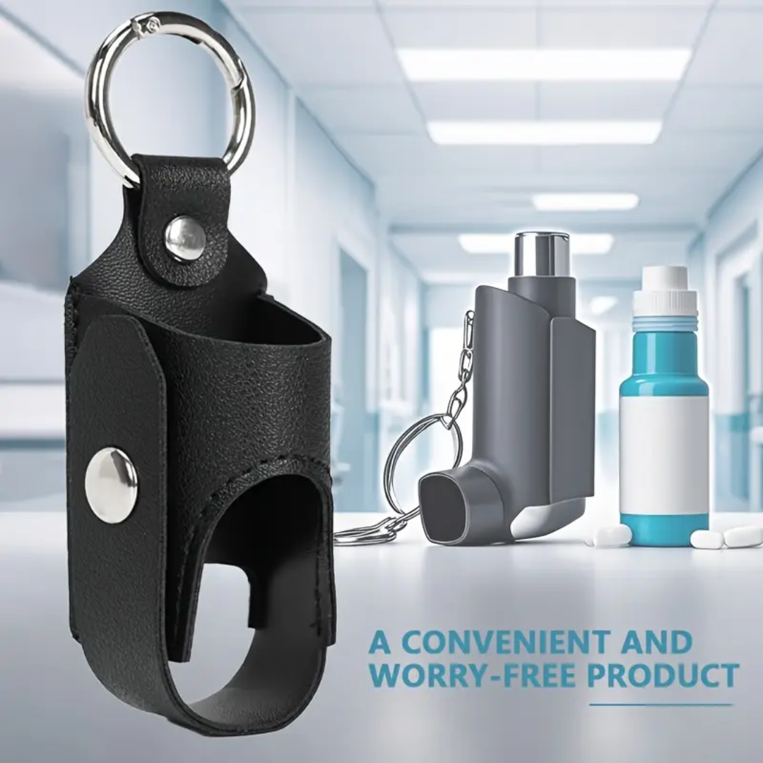 1pc Unisex Casual Faux Leather Keychain Pouches for Asthma Inhaler - Black
