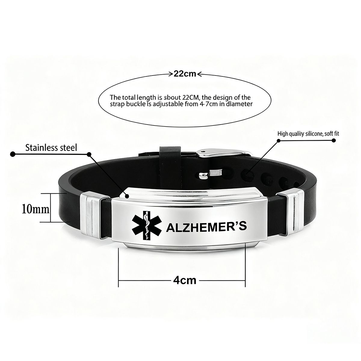 Unisex Silicone Medical Alert Identification Bracelet - Black