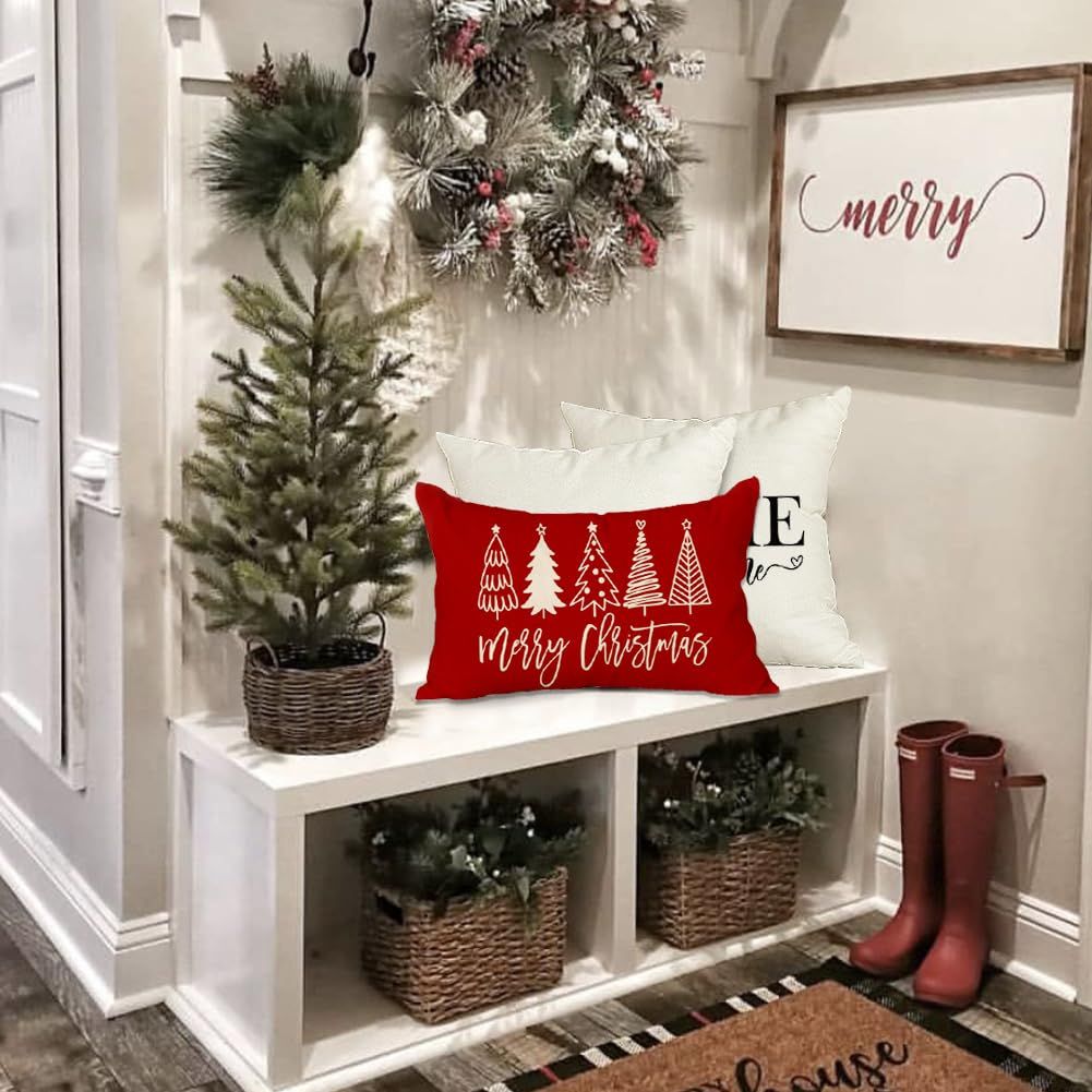 Merry Christmas Pillow Cover - Red Trees