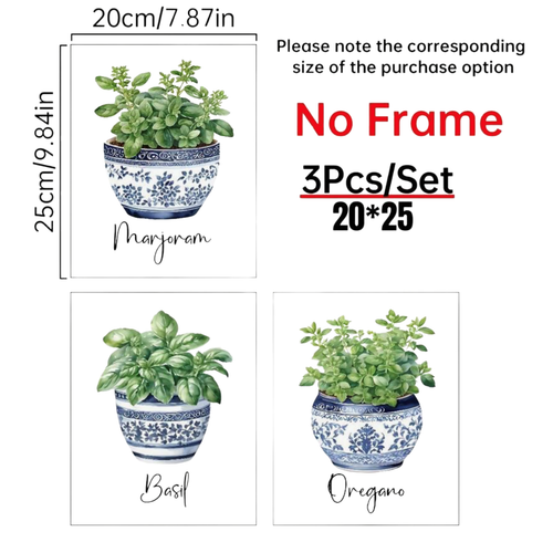 3pcs Watercolor Herb & Botanical Prints In Blue And White