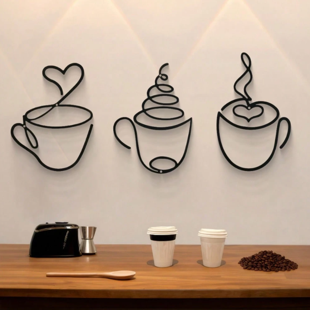 Modern Black Metal Coffee Cup Wall Hanging Art - 3 Piece