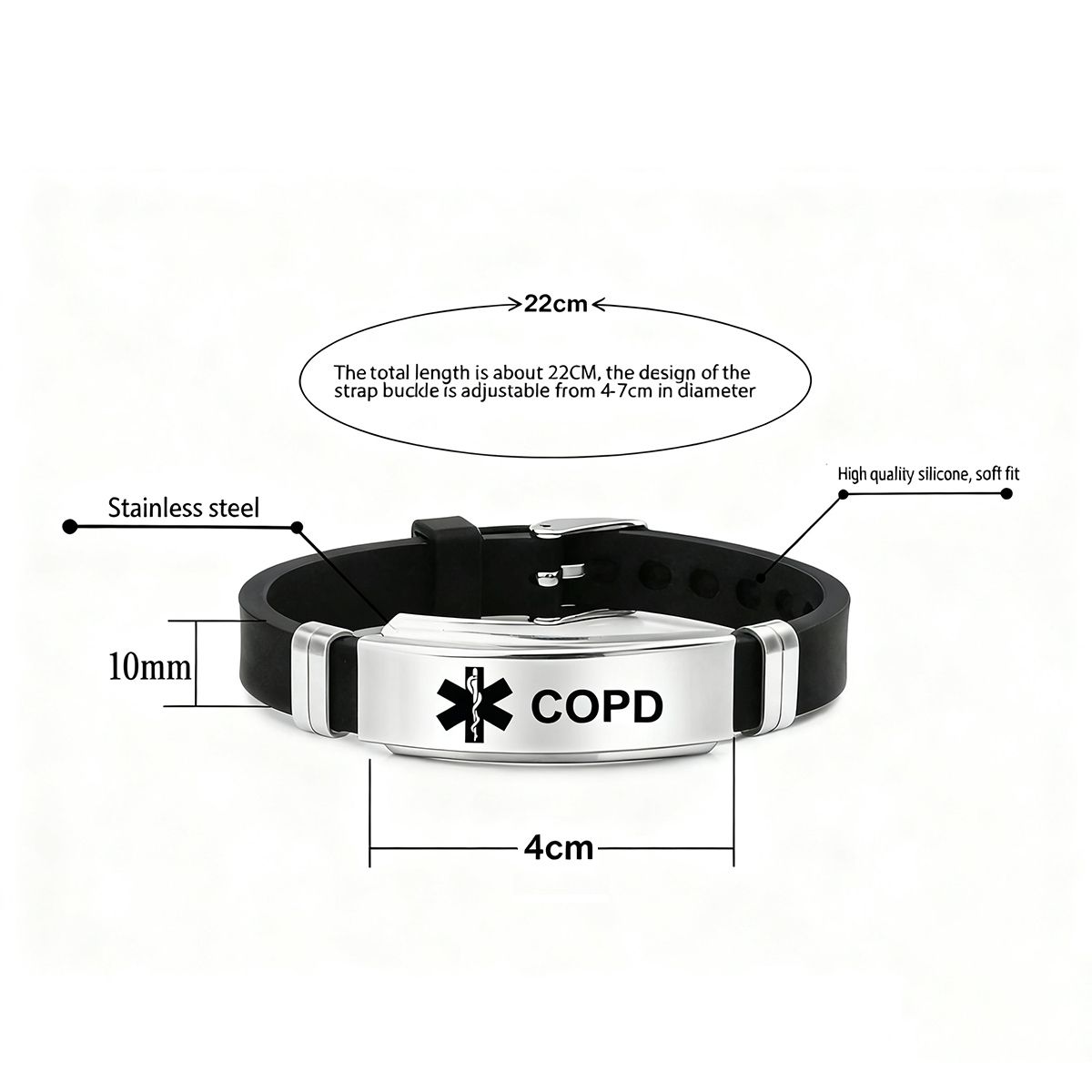 Unisex Silicone Medical Alert Identification Bracelet - Black