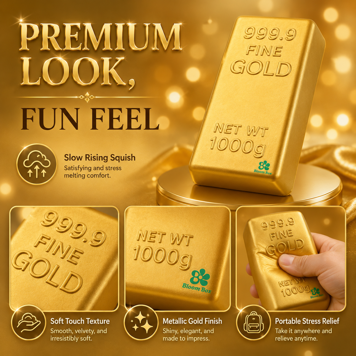 Bloom Box Series Squishy Squeeze Toy, Stress Relief Sensory Gold - Golden Brick