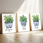 3pcs Watercolor Herb & Botanical Prints In Blue And White