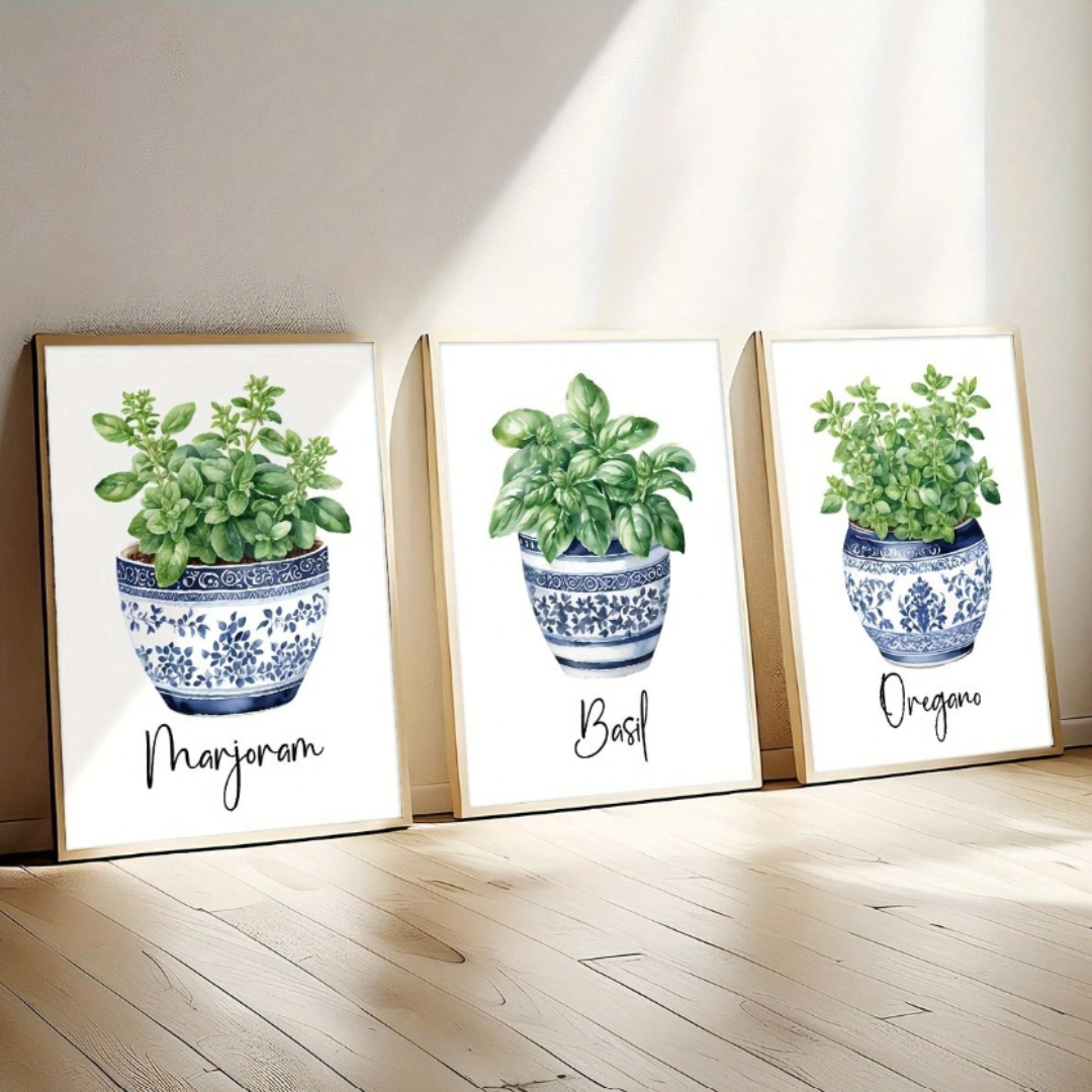 3pcs Watercolor Herb & Botanical Prints In Blue And White