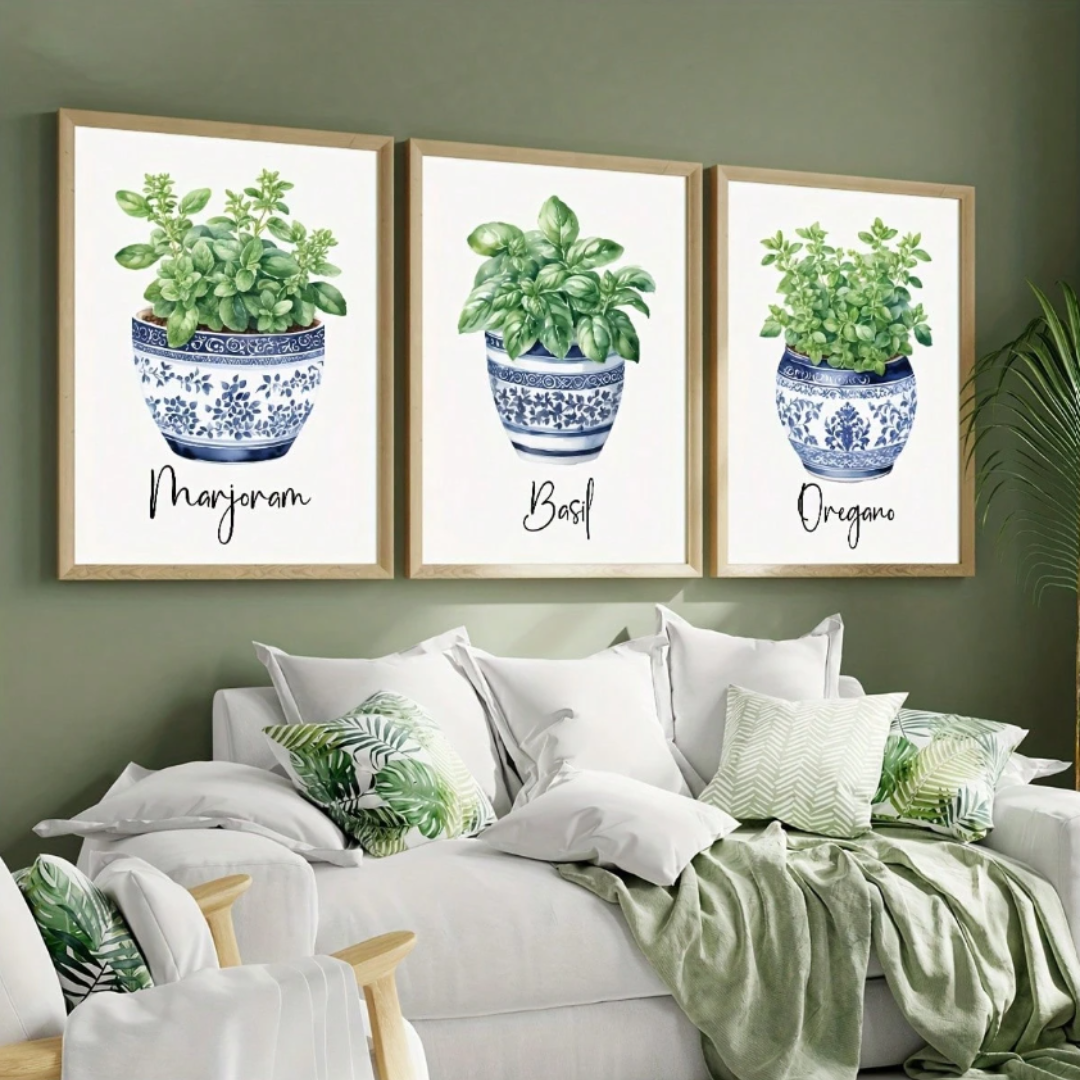 3pcs Watercolor Herb & Botanical Prints In Blue And White