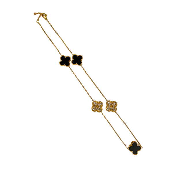 Clover Stainless Steel Gold Plated Necklace with Diamante Stones - Black