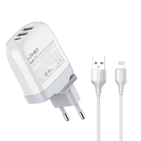 LDNIO - A3511Q - 3 Port Wall Charger With iPhone Cable 65W - White