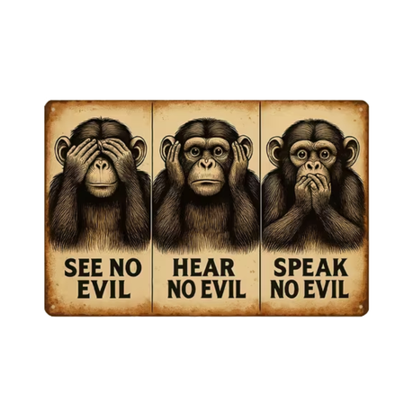 A Metal Aluminum Sign Featuring The Wise Sayings of Three Monkeys
