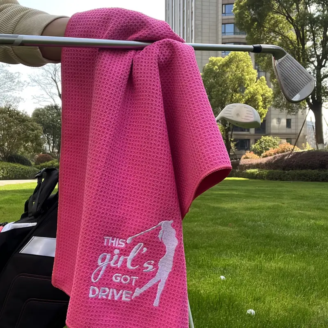 Rose Red "This Person'S Got a Drive" Embroidered Golf Towel